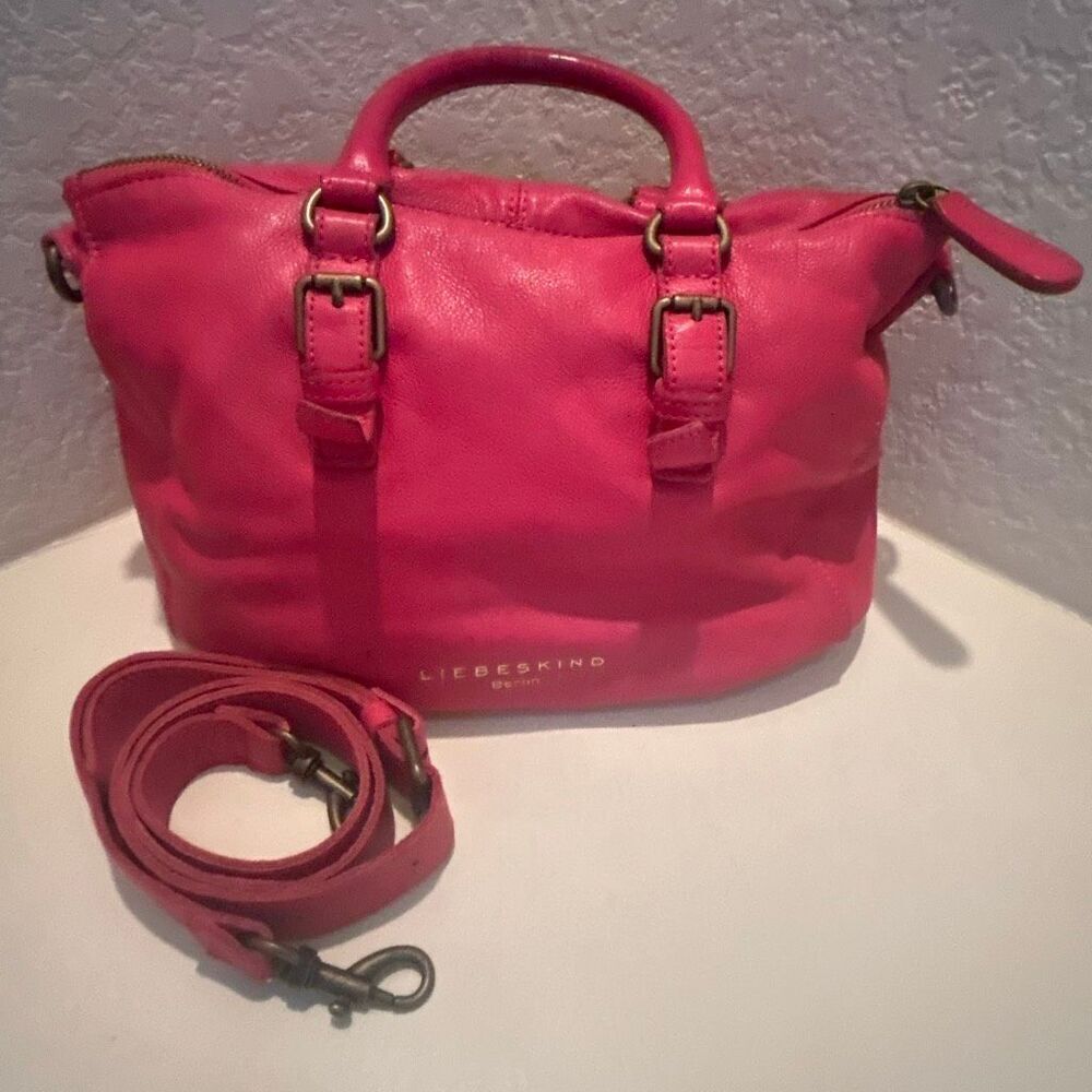 Liebeskind Berlin Satchel Handbag Raspberry Red Leather Top Handle Two Way Purse